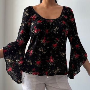 Per Una Black Floral Bell-Sleeve Blouse - Large